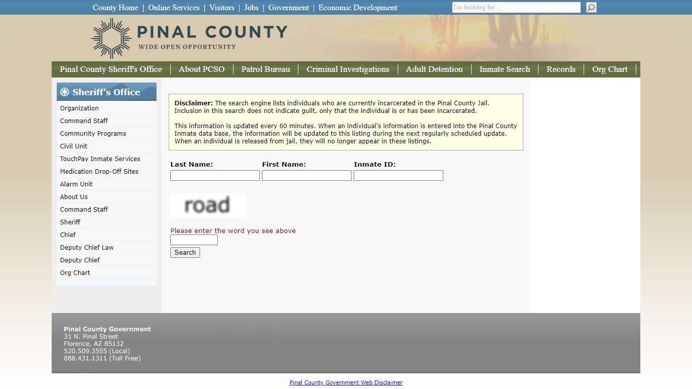 Search Inmates - Pinal County, Arizona